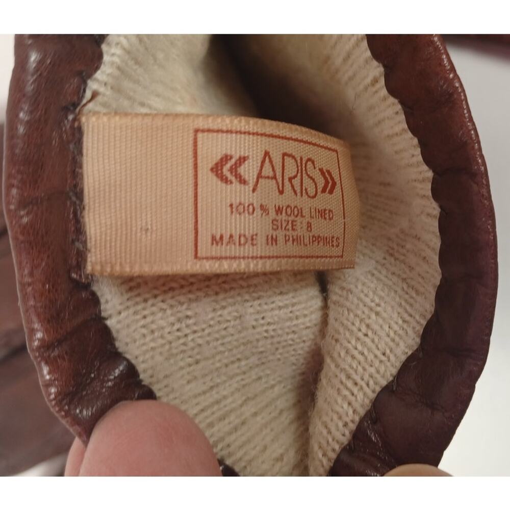 Vintage Aris Leather Gloves 100% Wool Lined Brown Winter Driving Size 8 Heritage - Picture 9 of 10
